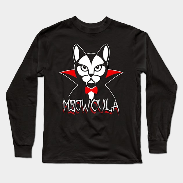 Meowcula Vampire Cat Halloween Long Sleeve T-Shirt by JaroszkowskaAnnass